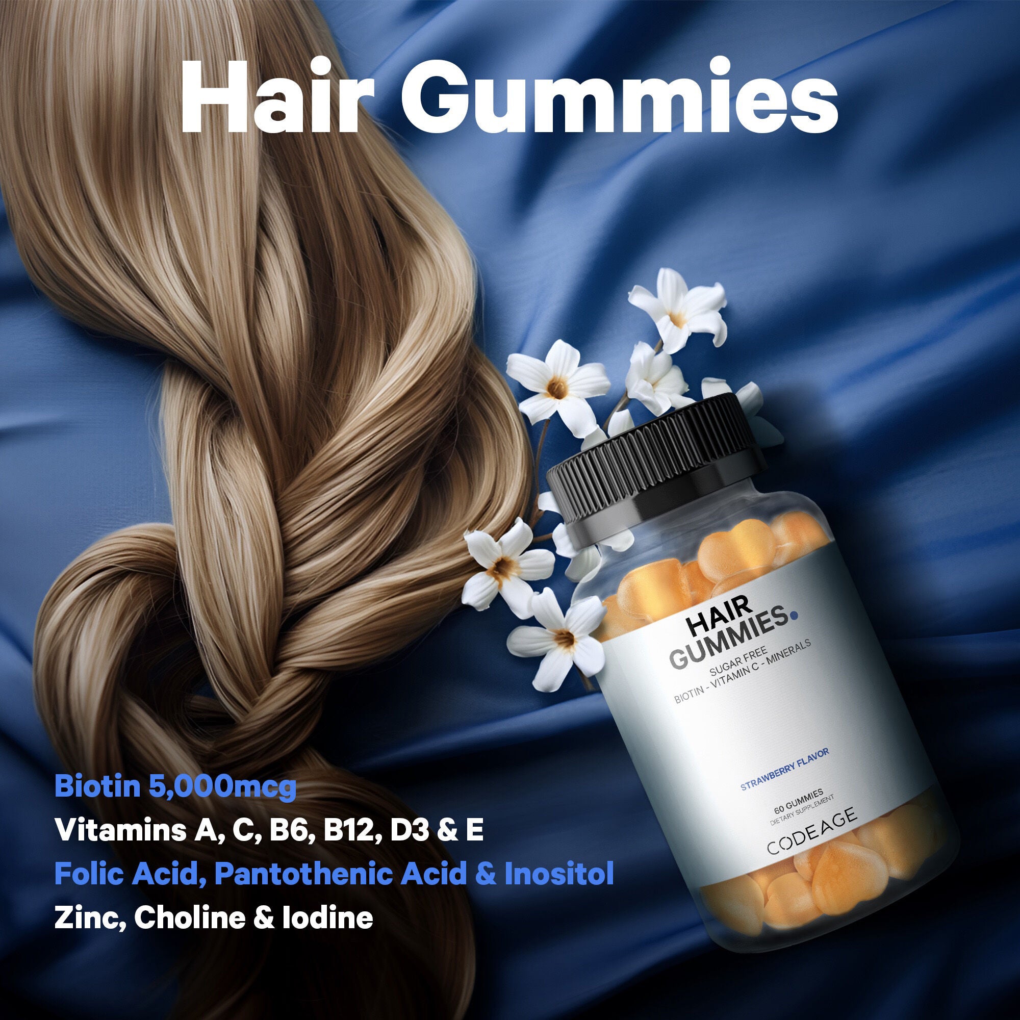 Hair Gummies - Sugarfree Daily Multivitamins - Biotin &amp; Zinc - 60 Gummies (30 Servings)  | GNC